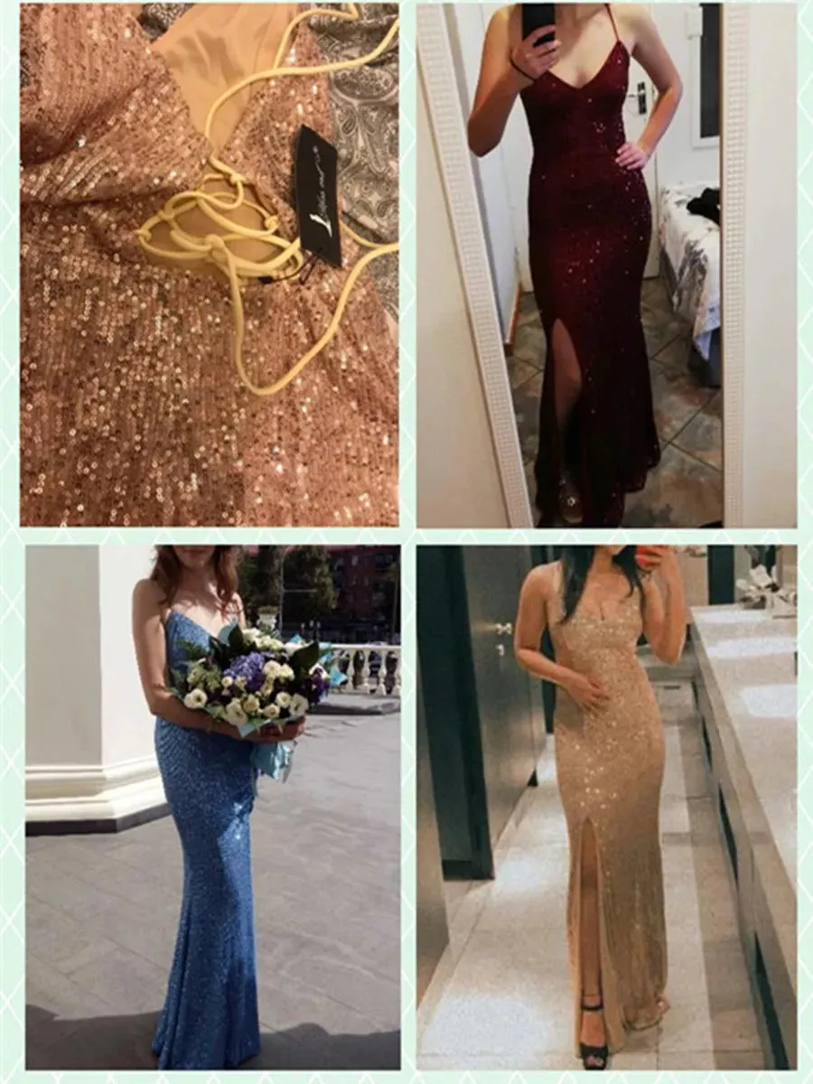 Women’s Elegant Spaghetti Strap Sequin Maxi Dress