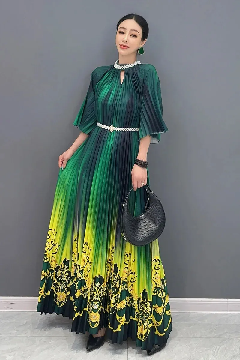 Women's Floral Green & Yellow Ombre Pleated Midi Dress