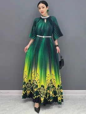 Women's Floral Green & Yellow Ombre Pleated Midi Dress