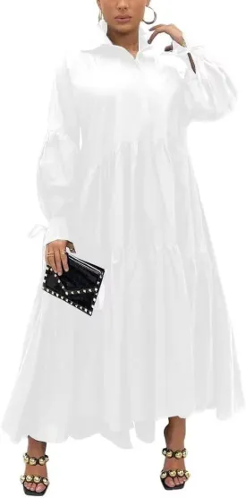 Women's Long Sleeve Maxi Shirt Dress Elegant Button Down Loose Swing Party Dress