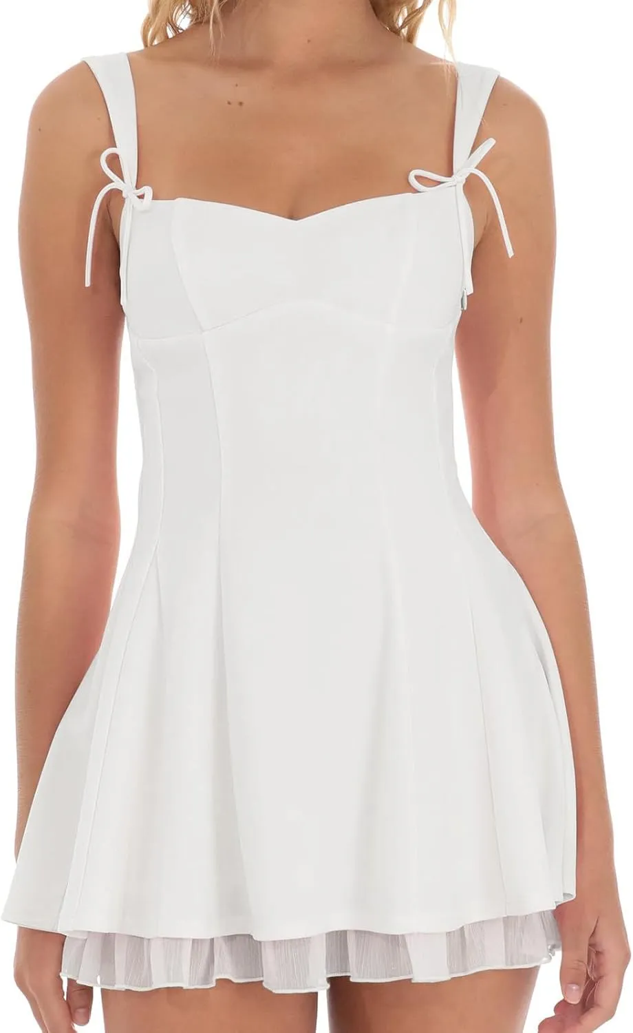 Women's Mini Summer Dress Sleeveless Bow Tie Strap Layered Flowy Short Dresses for Graduation Party Beach Sundress
