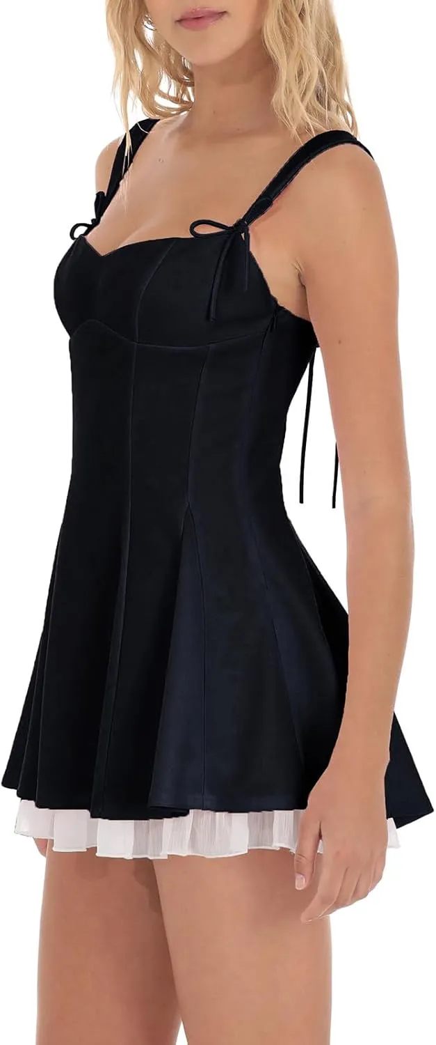 Women's Mini Summer Dress Sleeveless Bow Tie Strap Layered Flowy Short Dresses for Graduation Party Beach Sundress