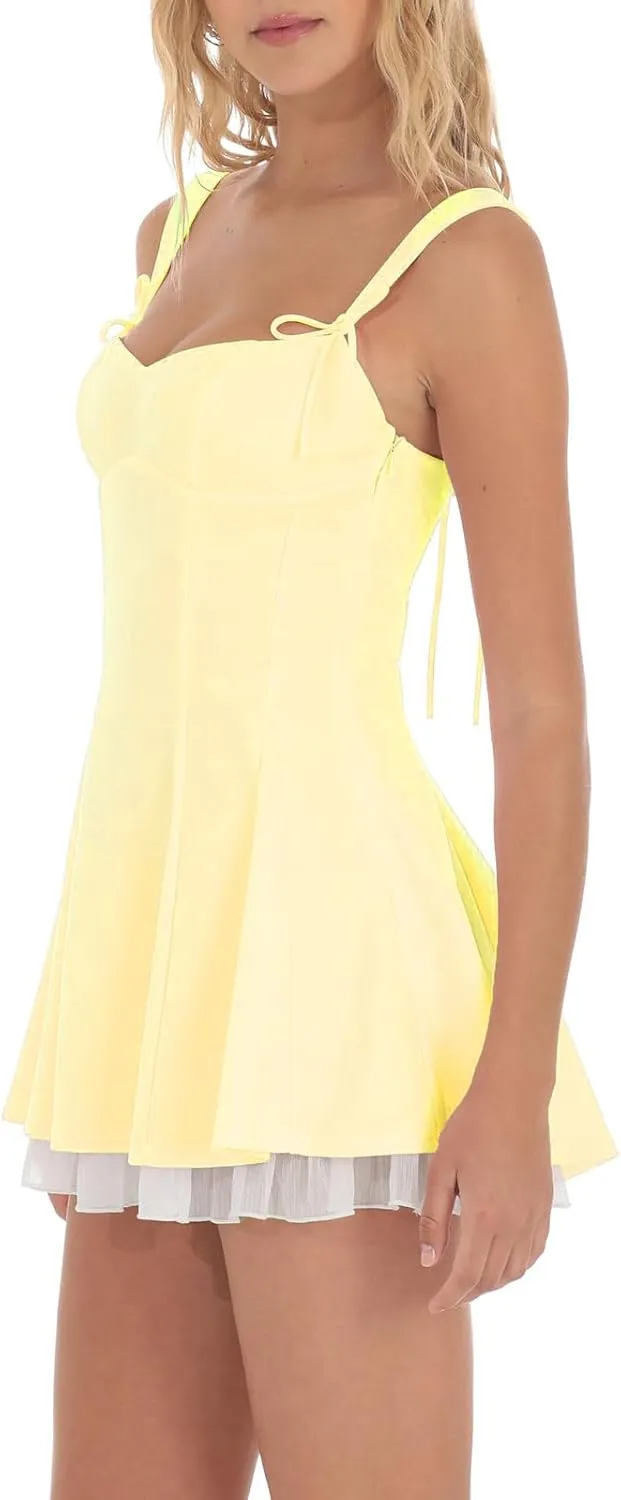 Women's Mini Summer Dress Sleeveless Bow Tie Strap Layered Flowy Short Dresses for Graduation Party Beach Sundress