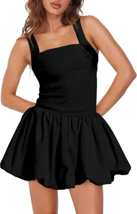 Women's Ruffle Bubble Mini Dress Sleeveless Square Neck Short Tank Dresses Party Club