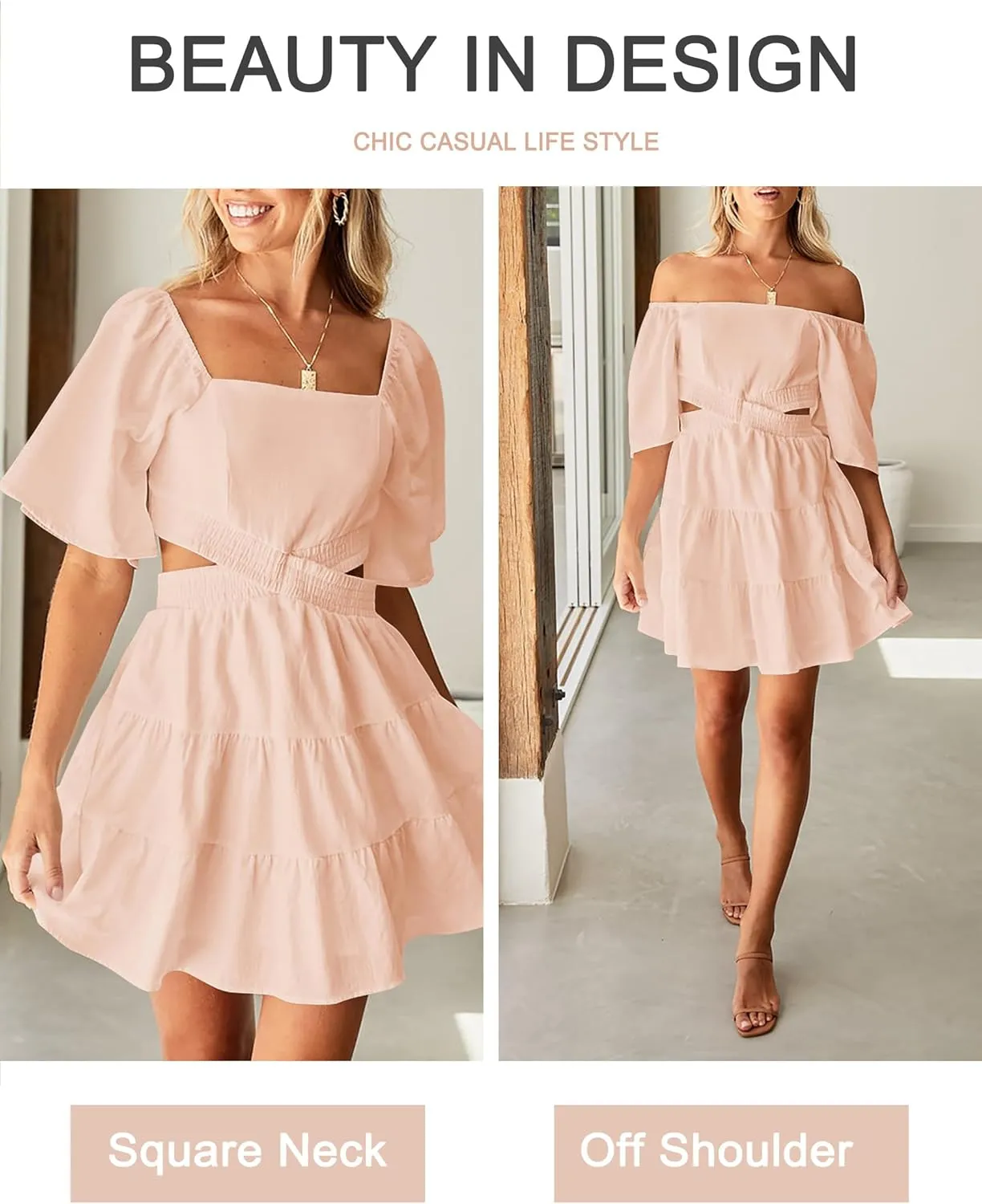 Women's Summer Dresses Square Neck Casual Short Sleeves Crossover Elastic Waist Party Mini Dress