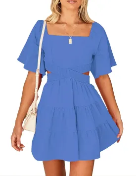 Women's Summer Dresses Square Neck Casual Short Sleeves Crossover Elastic Waist Party Mini Dress