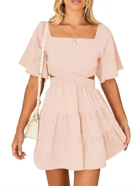 Women's Summer Dresses Square Neck Casual Short Sleeves Crossover Elastic Waist Party Mini Dress