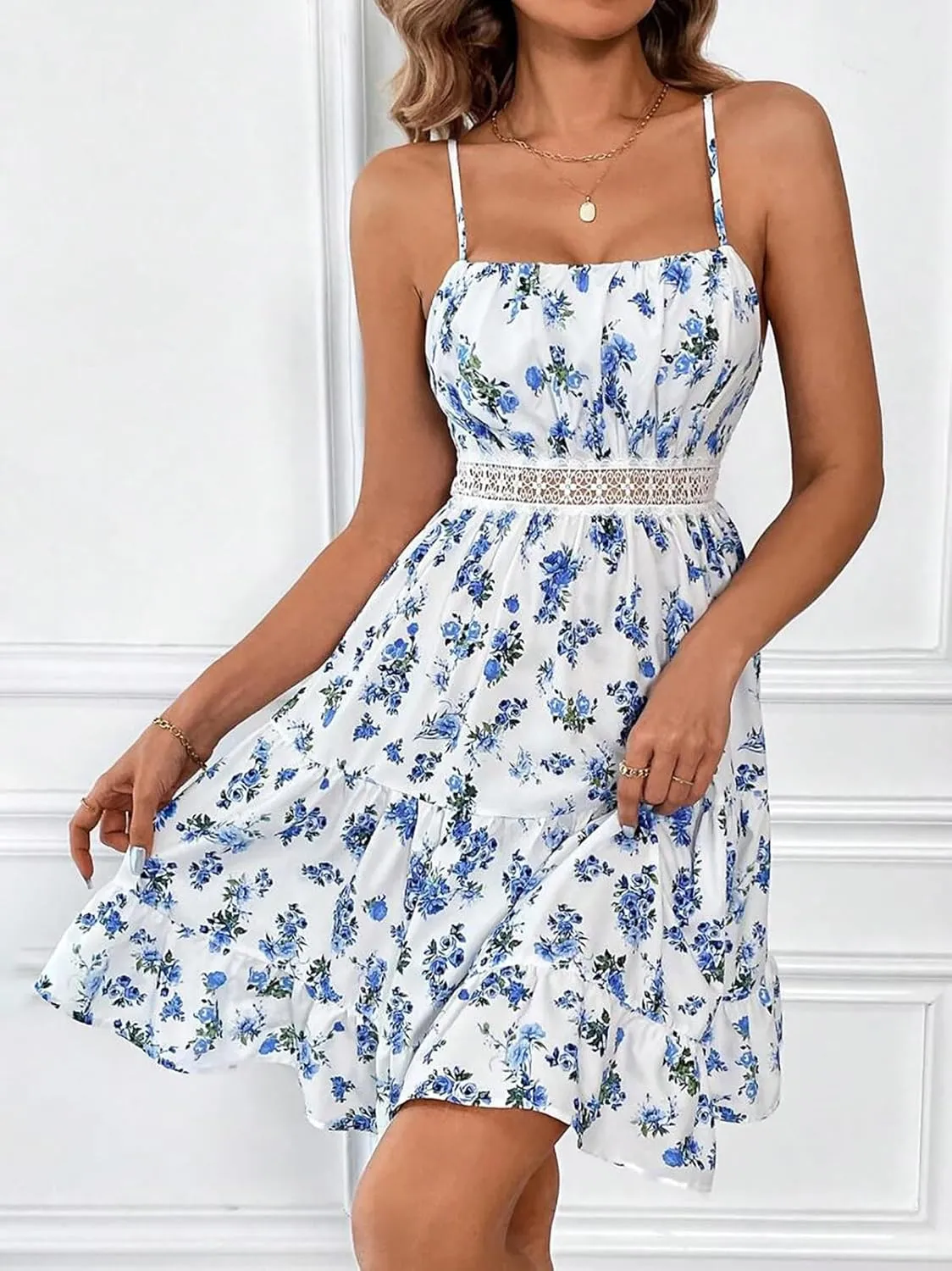 Women's Summer Floral Rushed Mini Dress Sleeveless Smocked Ruffle Flowy Boho Cami Swing Dress Lace Trim Sundress