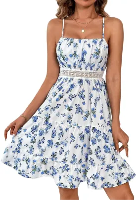 Women's Summer Floral Rushed Mini Dress Sleeveless Smocked Ruffle Flowy Boho Cami Swing Dress Lace Trim Sundress