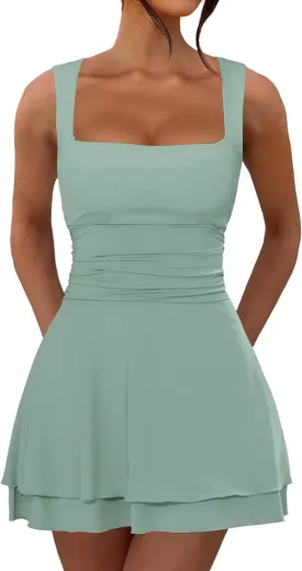 Women's Summer Ruffle Hem Square Neck Mini Dress Ruched Waist Short Party Dresses