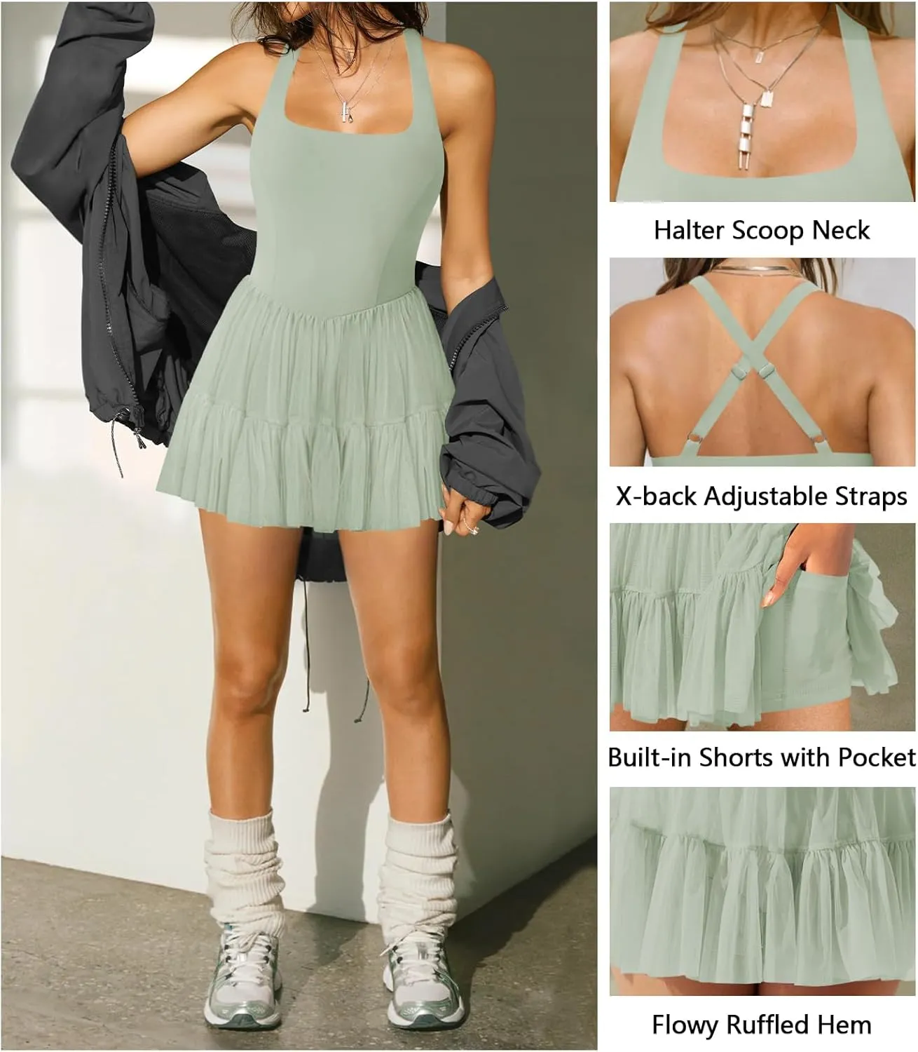 Women's Tennis Flowy Pleated Ruffle Athletic Dress for Women Halter Neck Sleeveless Summer Mini Golf Dress with Shorts Pocket