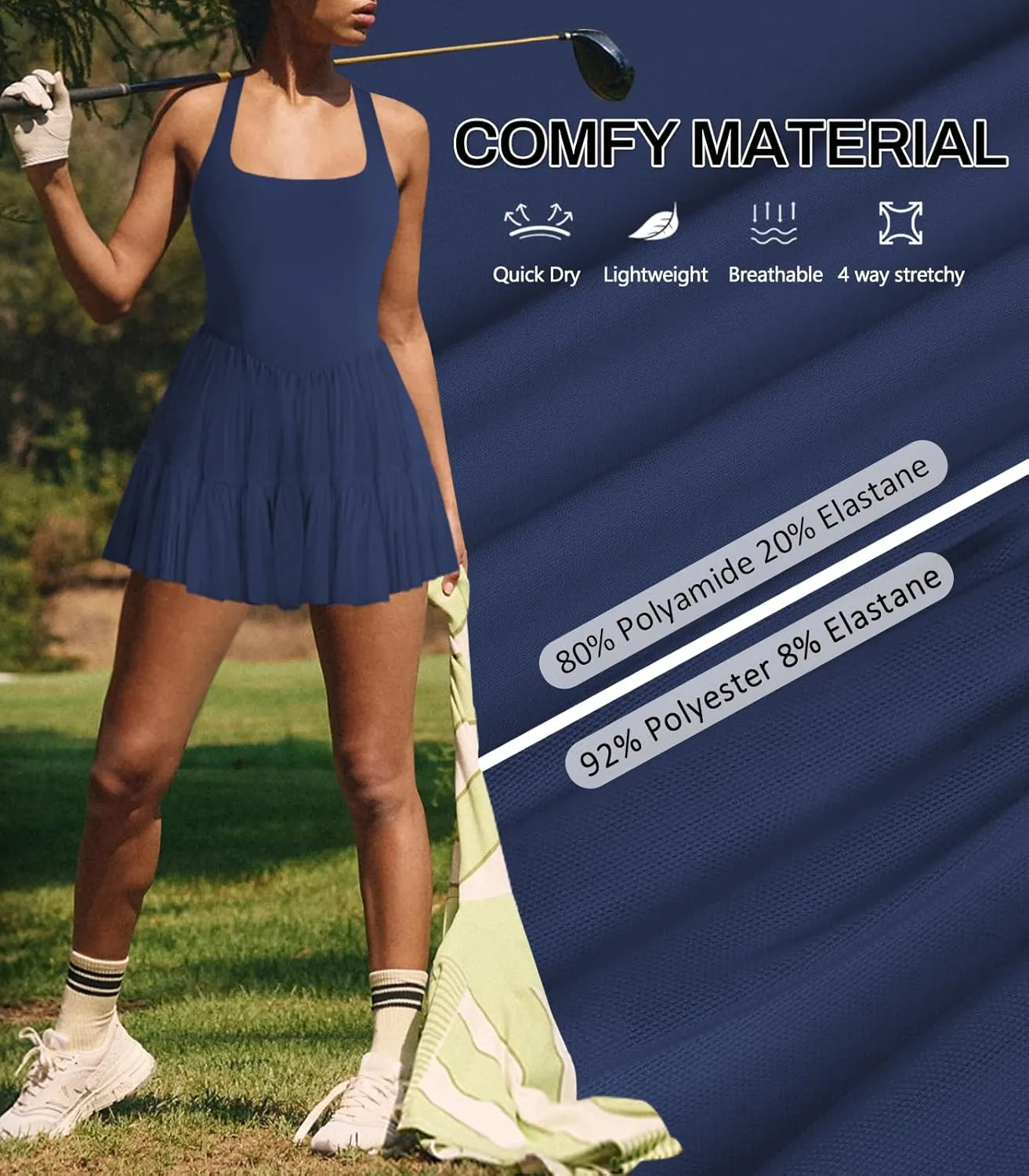 Women's Tennis Flowy Pleated Ruffle Athletic Dress for Women Halter Neck Sleeveless Summer Mini Golf Dress with Shorts Pocket
