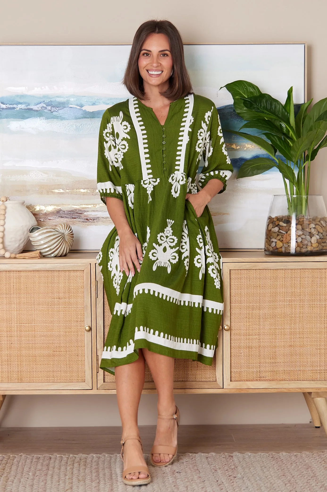 Zalara Dress - Olive/Ivory