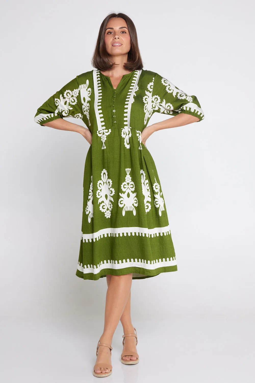 Zalara Dress - Olive/Ivory