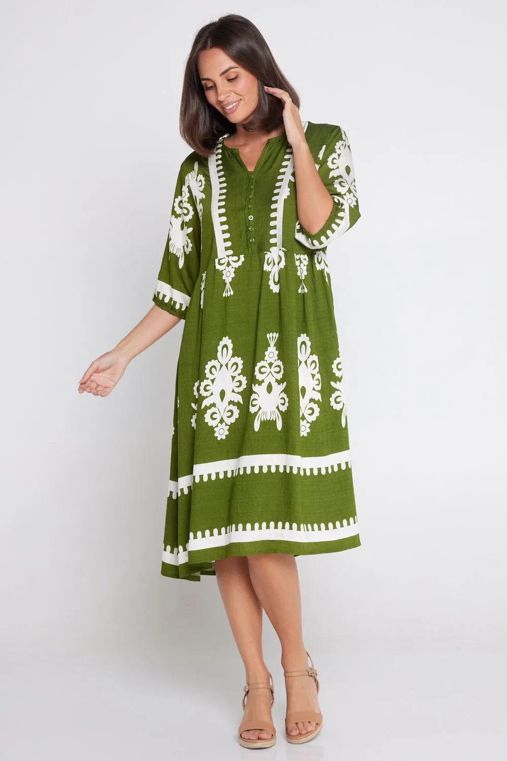 Zalara Dress - Olive/Ivory