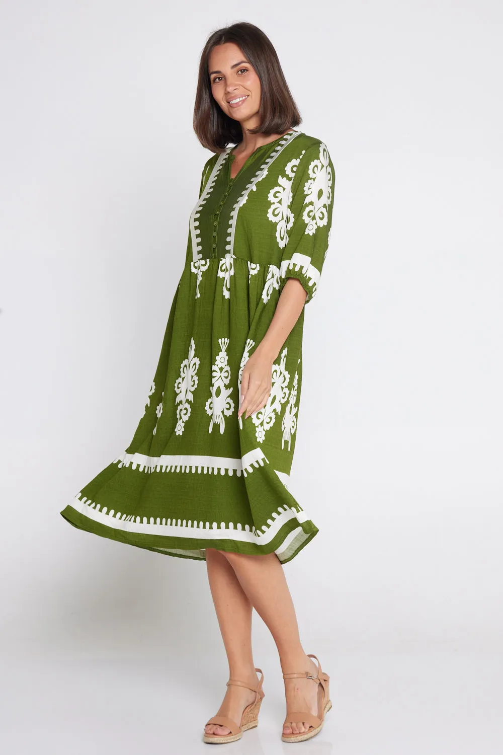 Zalara Dress - Olive/Ivory