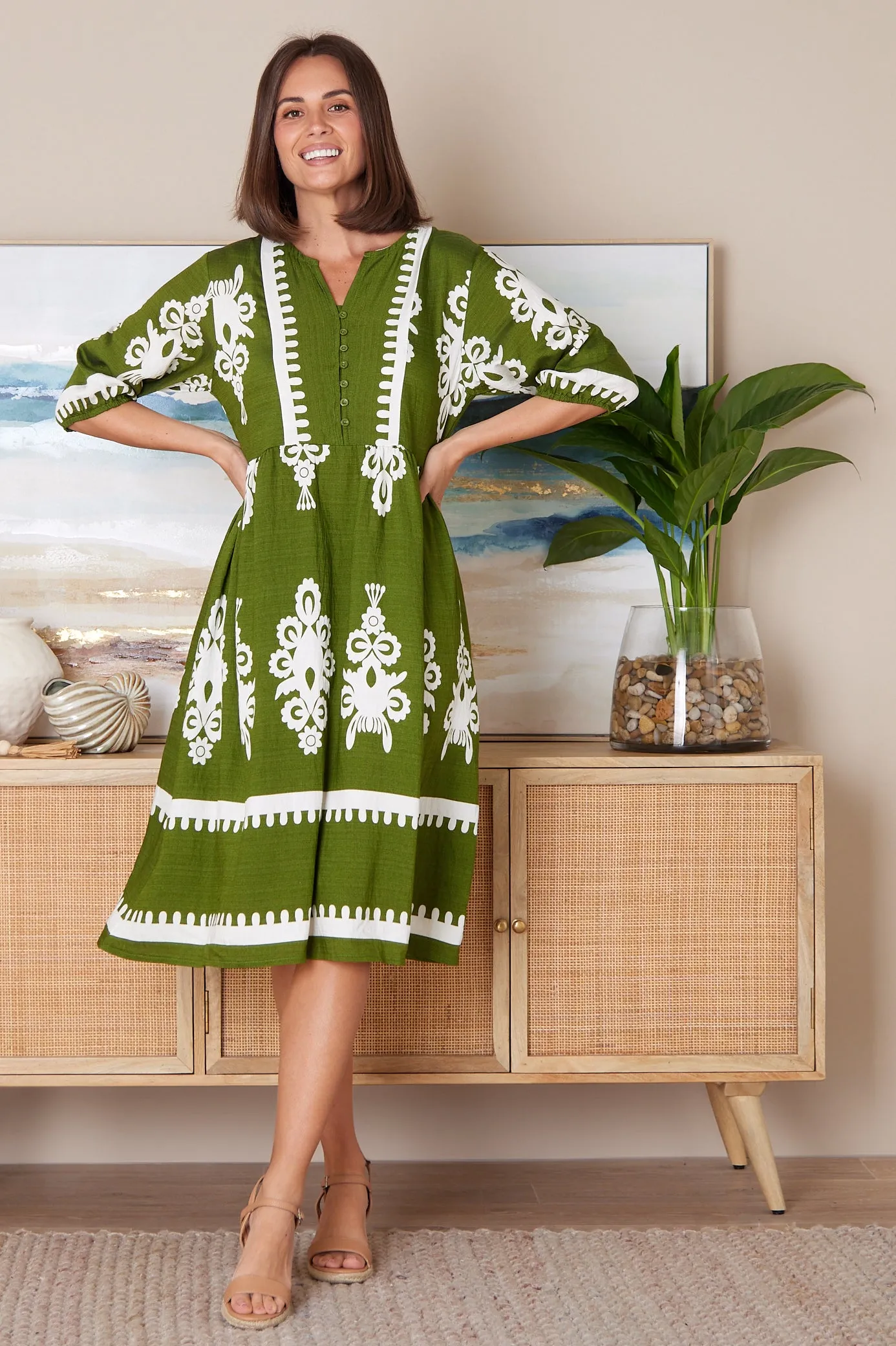 Zalara Dress - Olive/Ivory