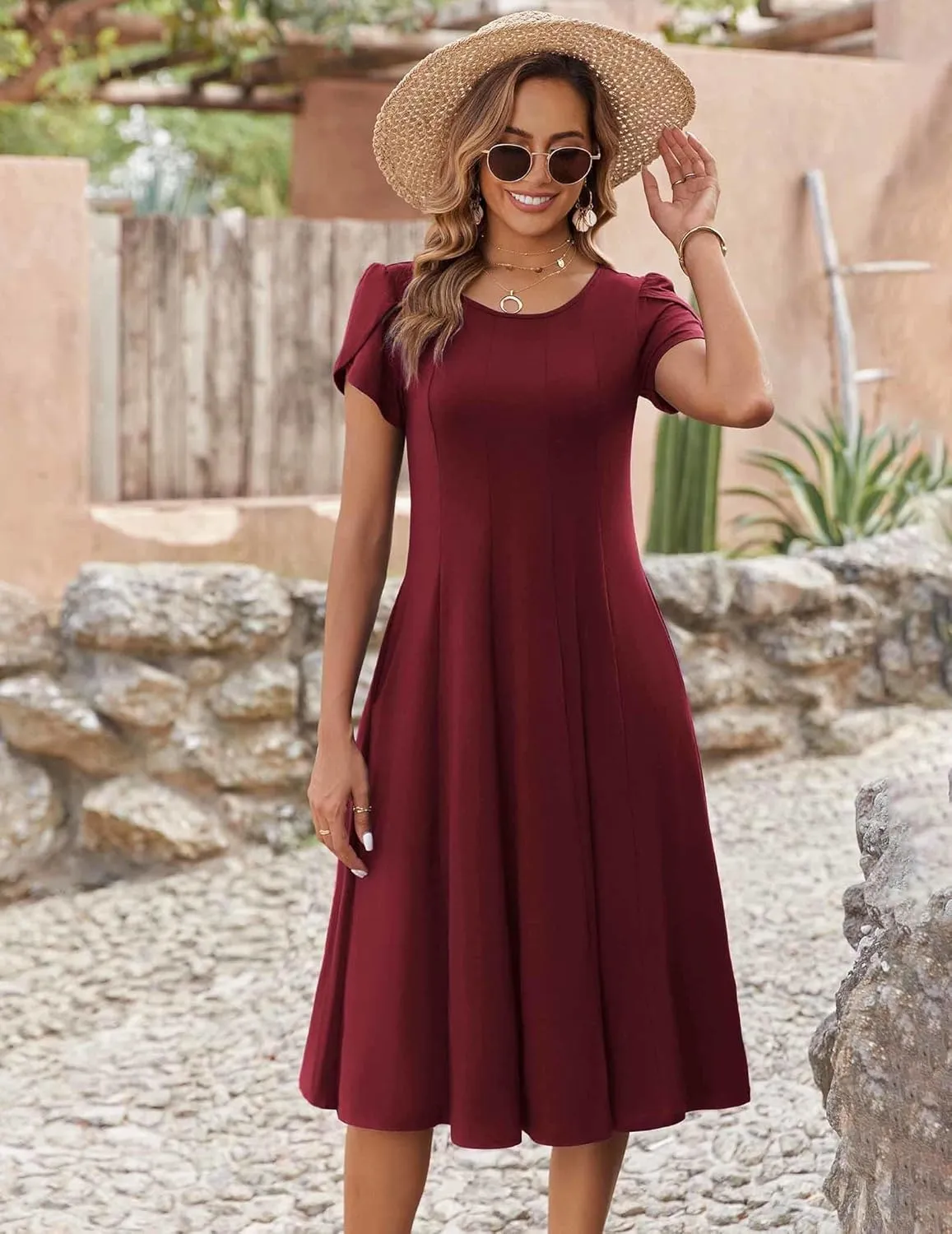 Zeagoo Womens Casual Dress for Summer Short Sleeve Pleated Dress Loose Flowy Beach Dress with Pockets Flare Midi Sundress