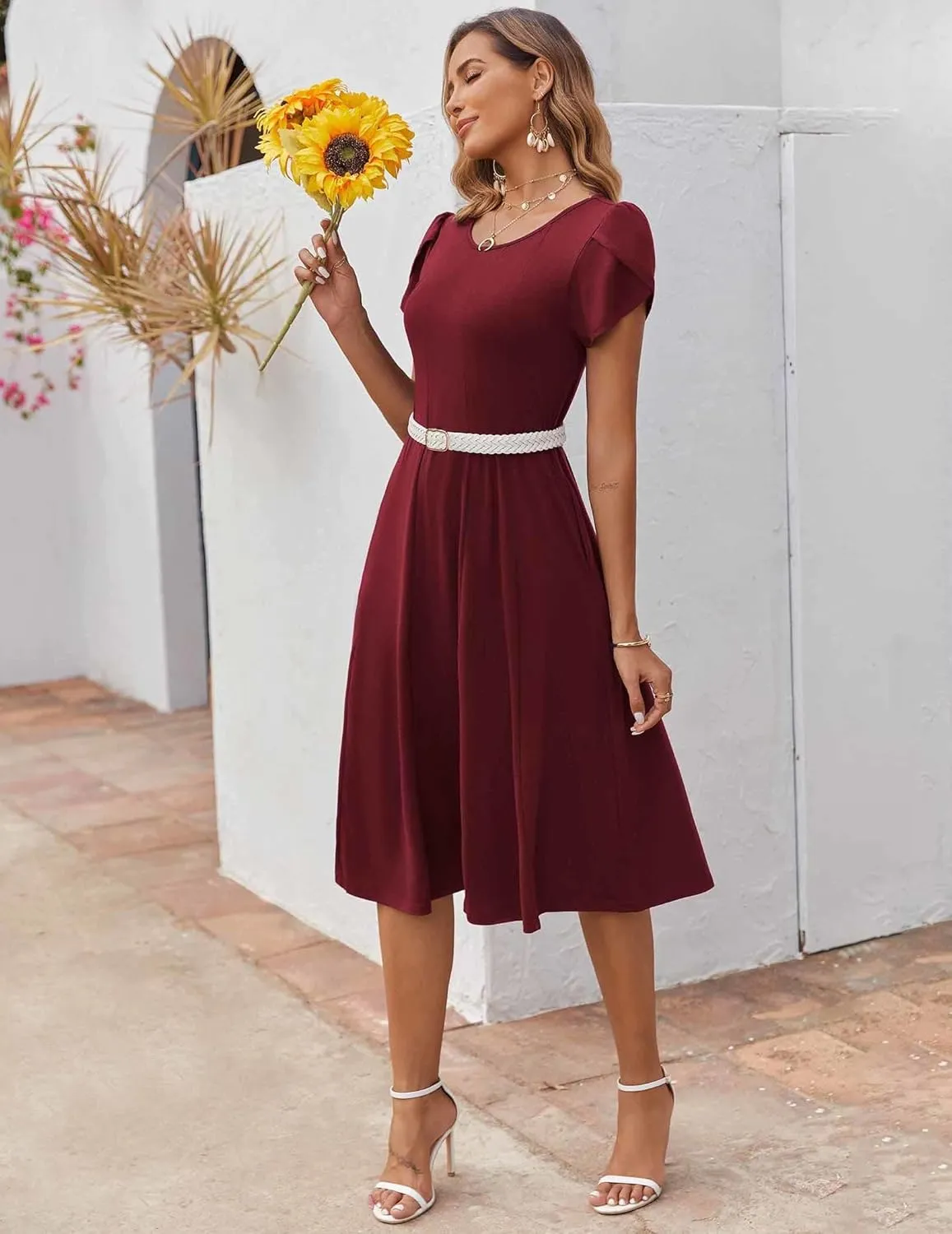 Zeagoo Womens Casual Dress for Summer Short Sleeve Pleated Dress Loose Flowy Beach Dress with Pockets Flare Midi Sundress