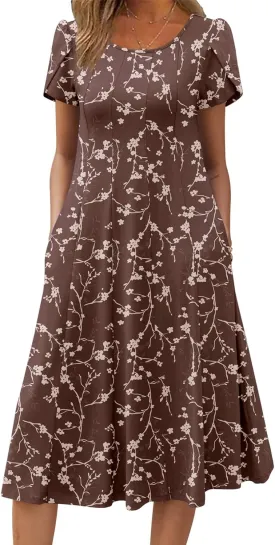 Zeagoo Womens Casual Dress for Summer Short Sleeve Pleated Dress Loose Flowy Beach Dress with Pockets Flare Midi Sundress