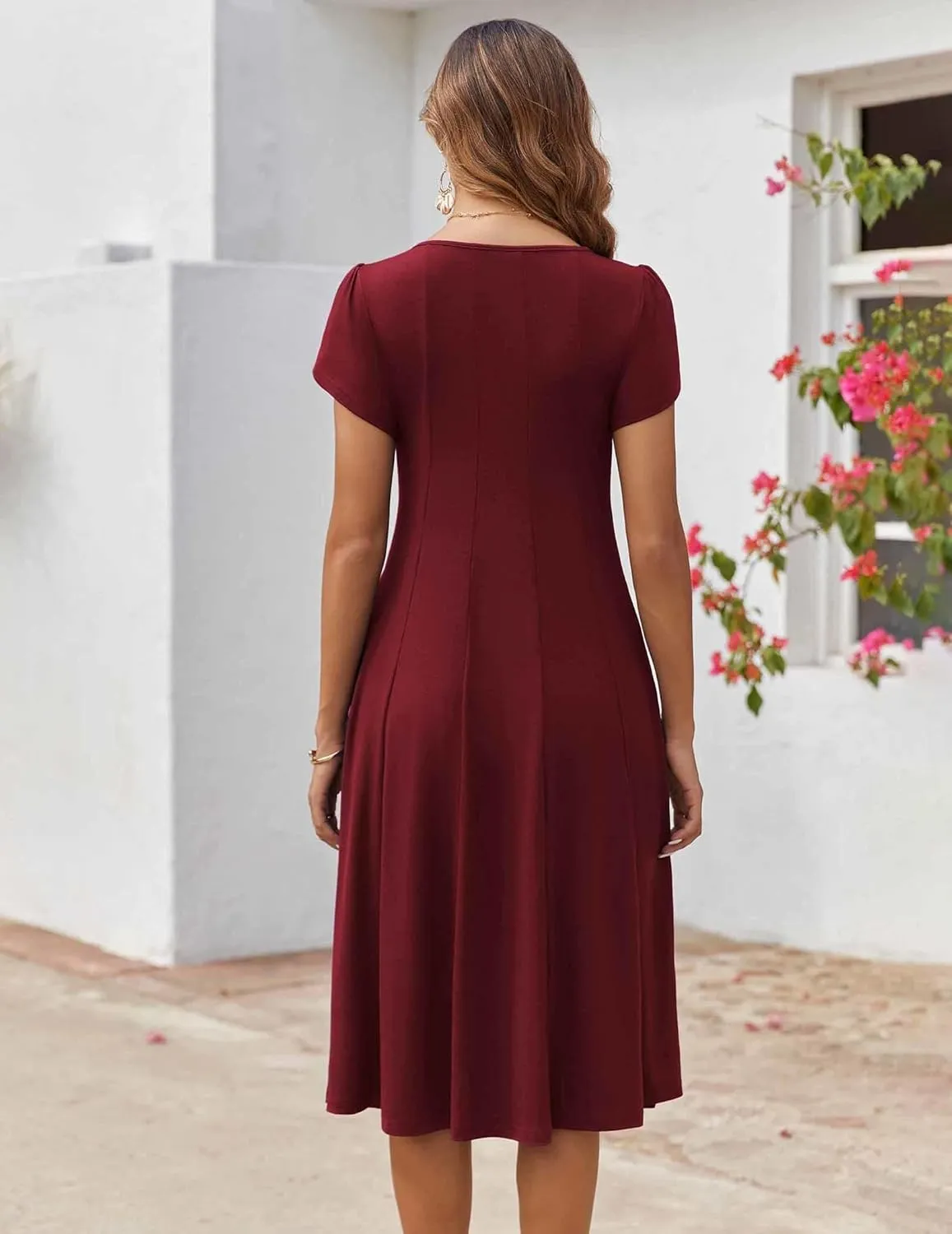 Zeagoo Womens Casual Dress for Summer Short Sleeve Pleated Dress Loose Flowy Beach Dress with Pockets Flare Midi Sundress