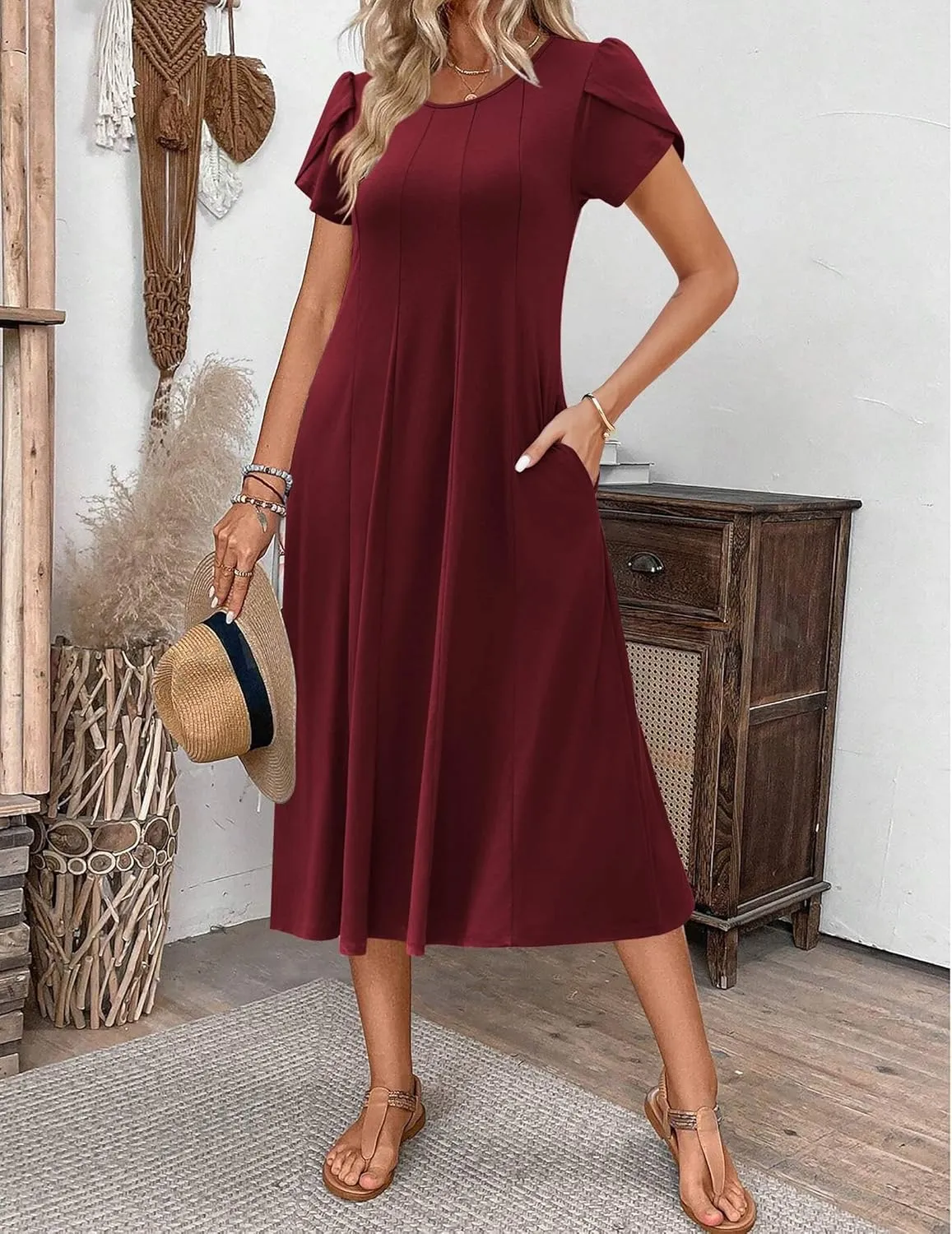 Zeagoo Womens Casual Dress for Summer Short Sleeve Pleated Dress Loose Flowy Beach Dress with Pockets Flare Midi Sundress