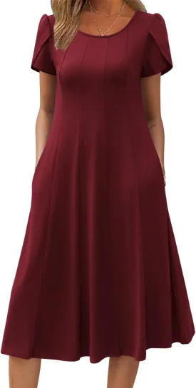 Zeagoo Womens Casual Dress for Summer Short Sleeve Pleated Dress Loose Flowy Beach Dress with Pockets Flare Midi Sundress