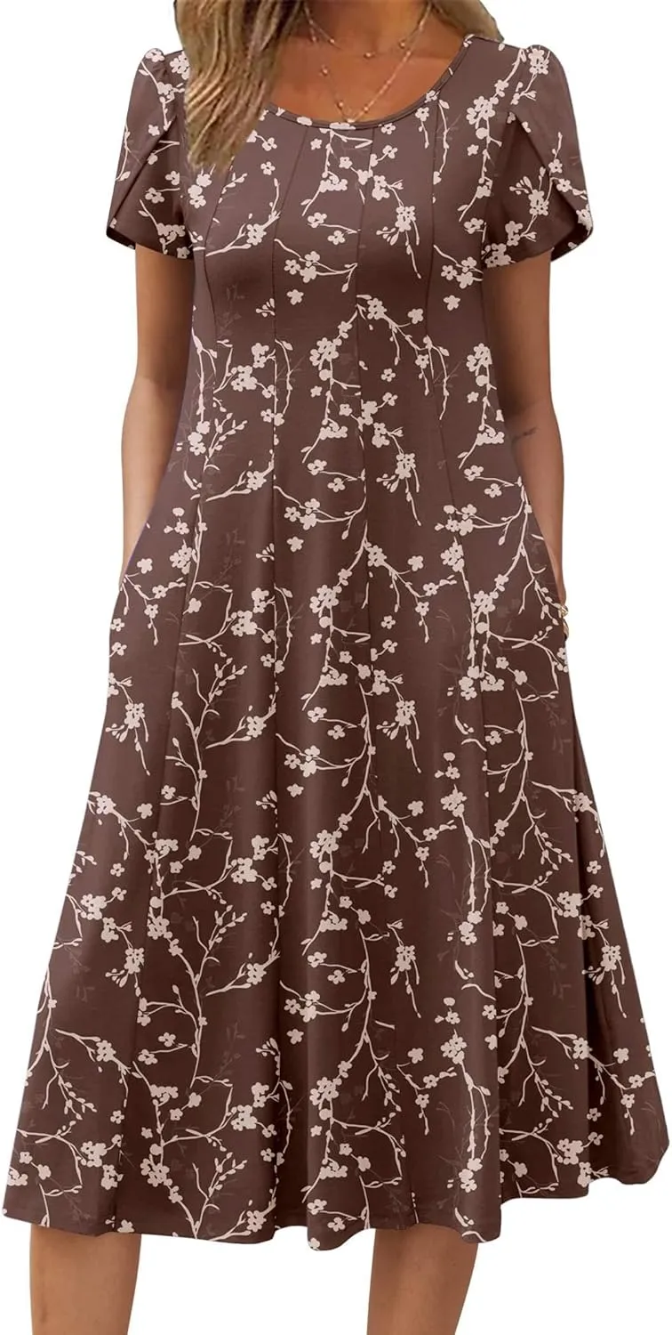 Zeagoo Womens Casual Dress for Summer Short Sleeve Pleated Dress Loose Flowy Beach Dress with Pockets Flare Midi Sundress