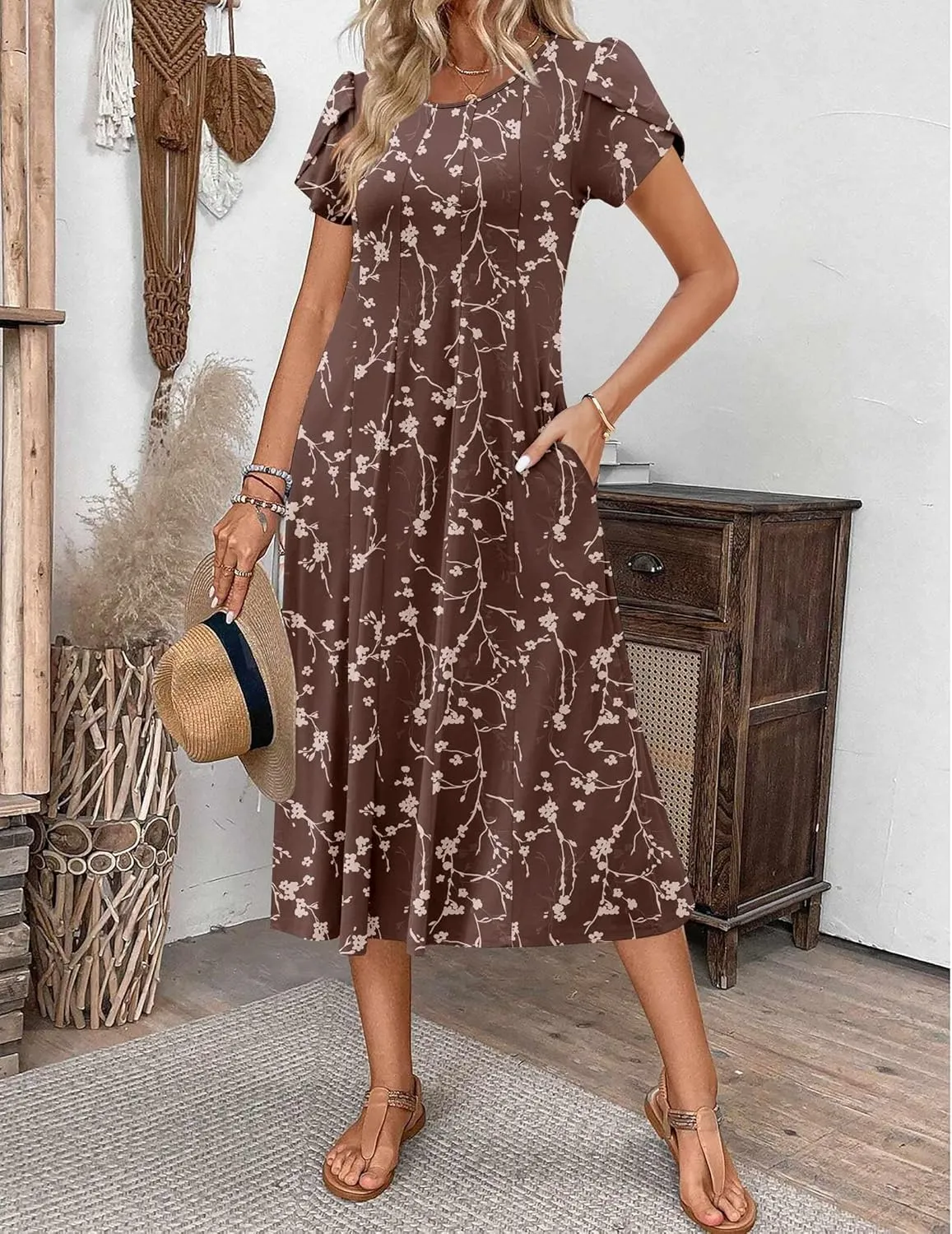 Zeagoo Womens Casual Dress for Summer Short Sleeve Pleated Dress Loose Flowy Beach Dress with Pockets Flare Midi Sundress