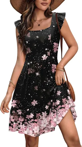 Zeagoo Womens Summer Dress Casual Ruffle Tiered Floral Square Neck Sundresses Beach Boho Mini A-line Dress 2025 with Pockets