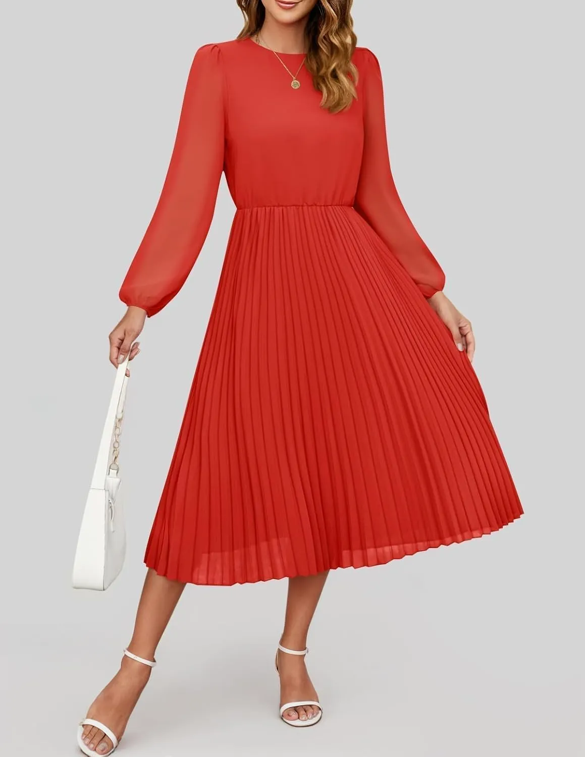 ZESICA Women's Fall Long Sleeve Dresses 2025 Casual Crewneck Chiffon Swing Pleated A Line Cocktail Party Midi Dress
