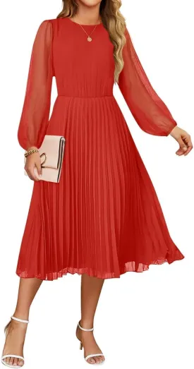ZESICA Women's Fall Long Sleeve Dresses 2025 Casual Crewneck Chiffon Swing Pleated A Line Cocktail Party Midi Dress