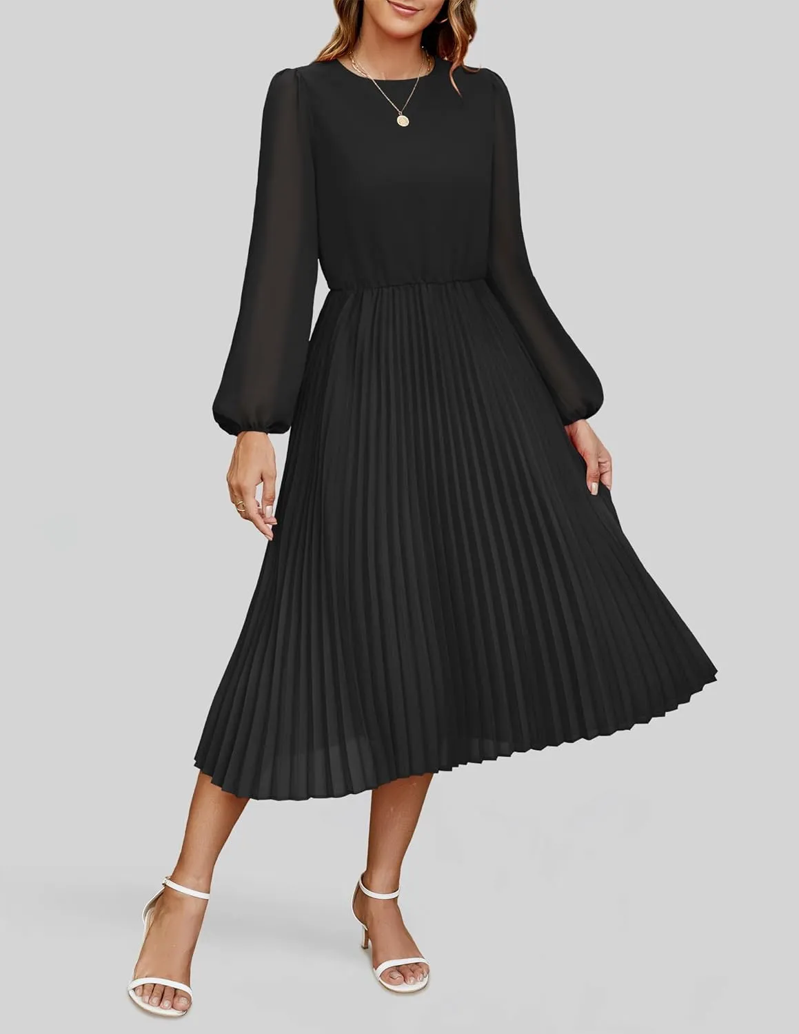 ZESICA Women's Fall Long Sleeve Dresses 2025 Casual Crewneck Chiffon Swing Pleated A Line Cocktail Party Midi Dress