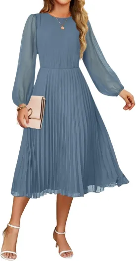 ZESICA Women's Fall Long Sleeve Dresses 2025 Casual Crewneck Chiffon Swing Pleated A Line Cocktail Party Midi Dress