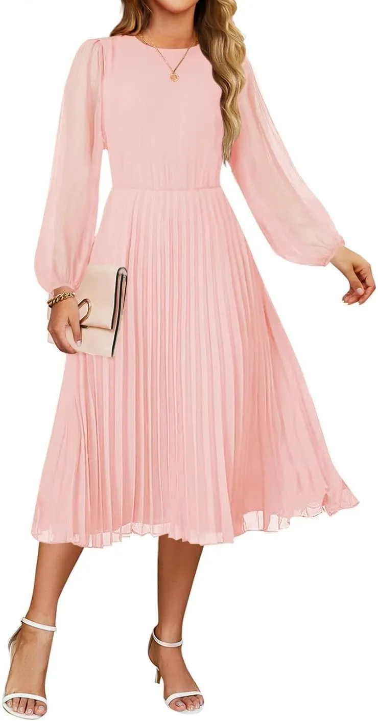 ZESICA Women's Fall Long Sleeve Dresses 2025 Casual Crewneck Chiffon Swing Pleated A Line Cocktail Party Midi Dress