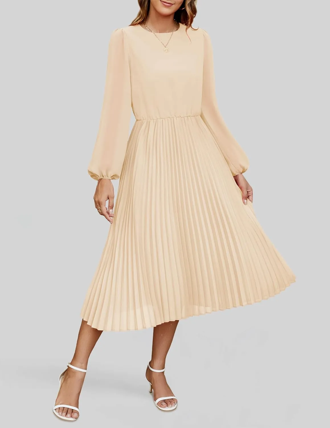 ZESICA Women's Fall Long Sleeve Dresses 2025 Casual Crewneck Chiffon Swing Pleated A Line Cocktail Party Midi Dress