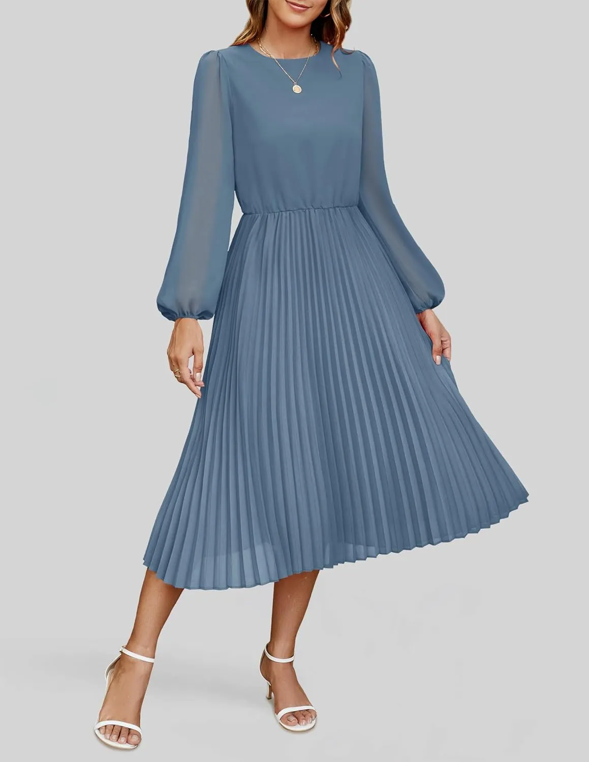 ZESICA Women's Fall Long Sleeve Dresses 2025 Casual Crewneck Chiffon Swing Pleated A Line Cocktail Party Midi Dress