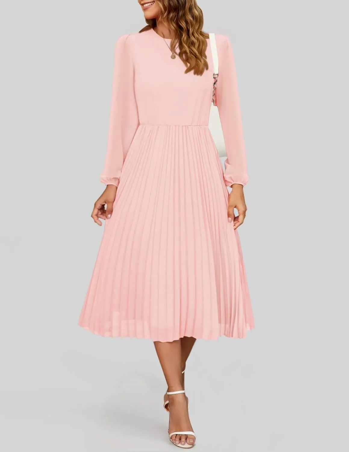 ZESICA Women's Fall Long Sleeve Dresses 2025 Casual Crewneck Chiffon Swing Pleated A Line Cocktail Party Midi Dress
