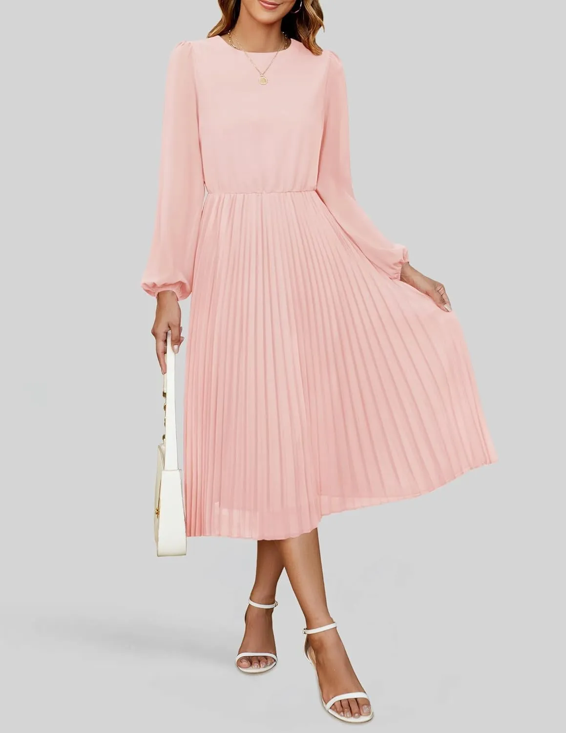 ZESICA Women's Fall Long Sleeve Dresses 2025 Casual Crewneck Chiffon Swing Pleated A Line Cocktail Party Midi Dress