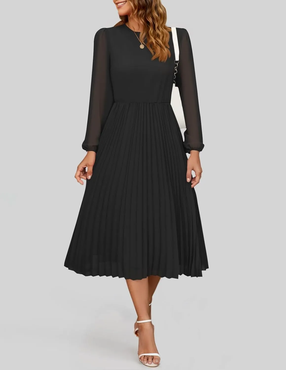 ZESICA Women's Fall Long Sleeve Dresses 2025 Casual Crewneck Chiffon Swing Pleated A Line Cocktail Party Midi Dress