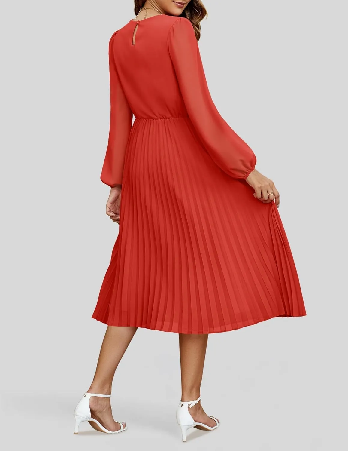 ZESICA Women's Fall Long Sleeve Dresses 2025 Casual Crewneck Chiffon Swing Pleated A Line Cocktail Party Midi Dress