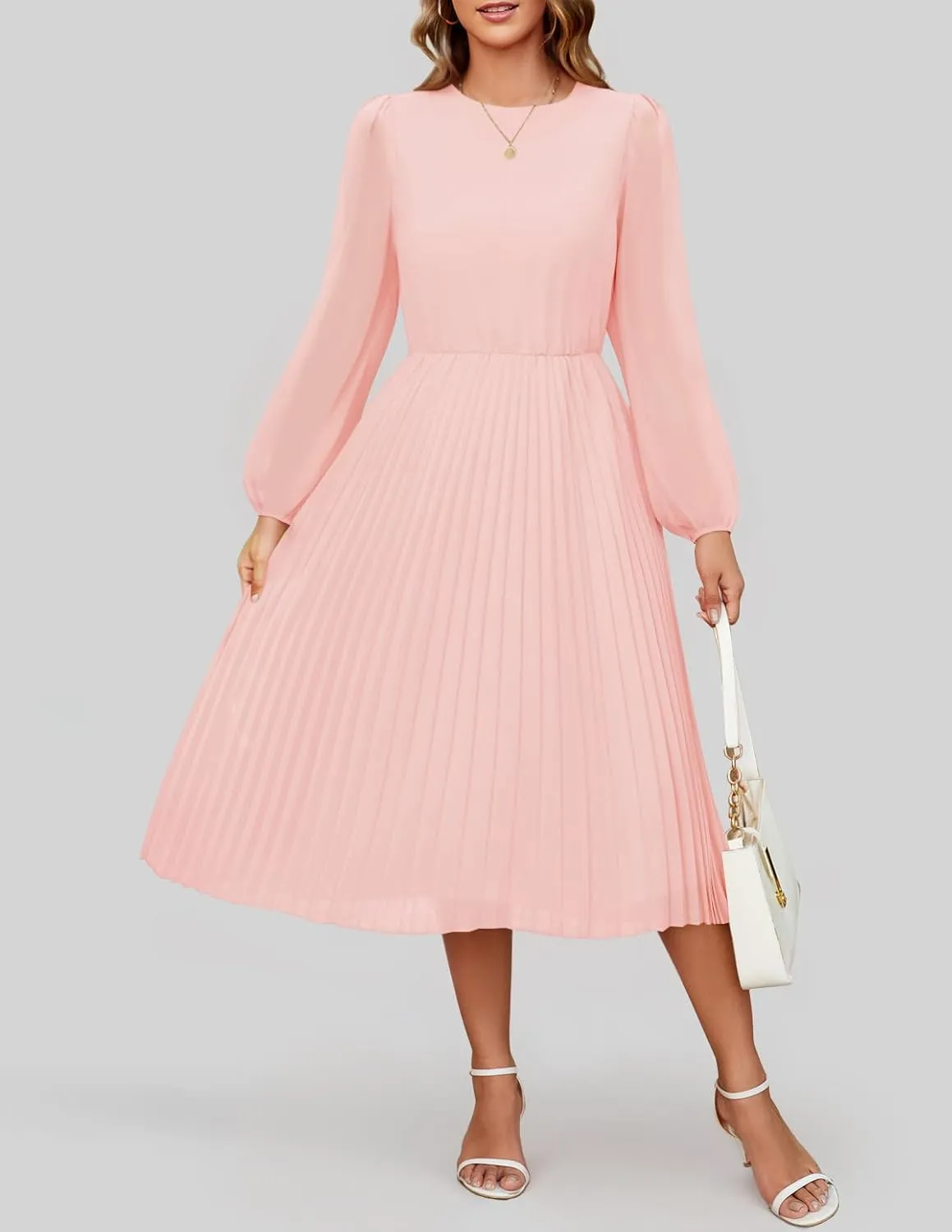 ZESICA Women's Fall Long Sleeve Dresses 2025 Casual Crewneck Chiffon Swing Pleated A Line Cocktail Party Midi Dress