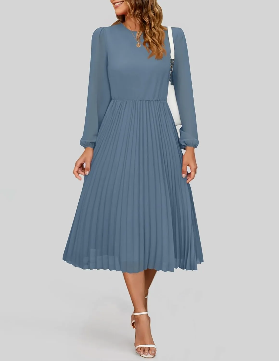ZESICA Women's Fall Long Sleeve Dresses 2025 Casual Crewneck Chiffon Swing Pleated A Line Cocktail Party Midi Dress
