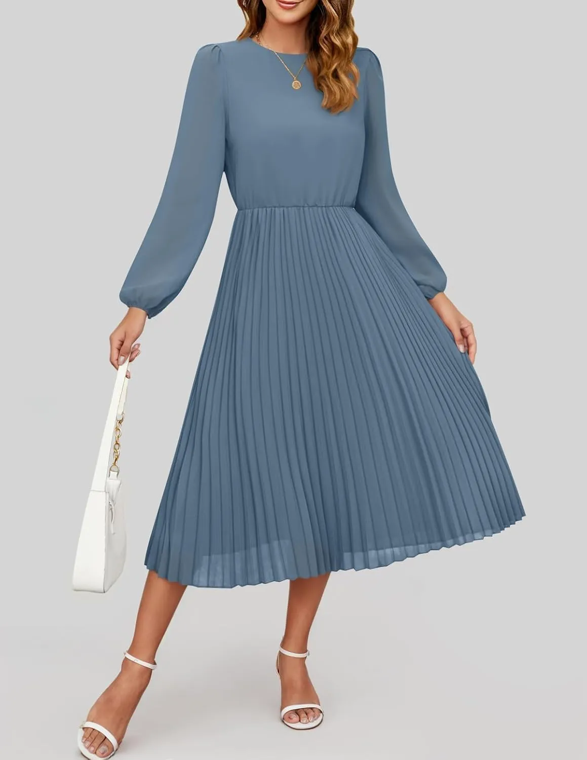 ZESICA Women's Fall Long Sleeve Dresses 2025 Casual Crewneck Chiffon Swing Pleated A Line Cocktail Party Midi Dress