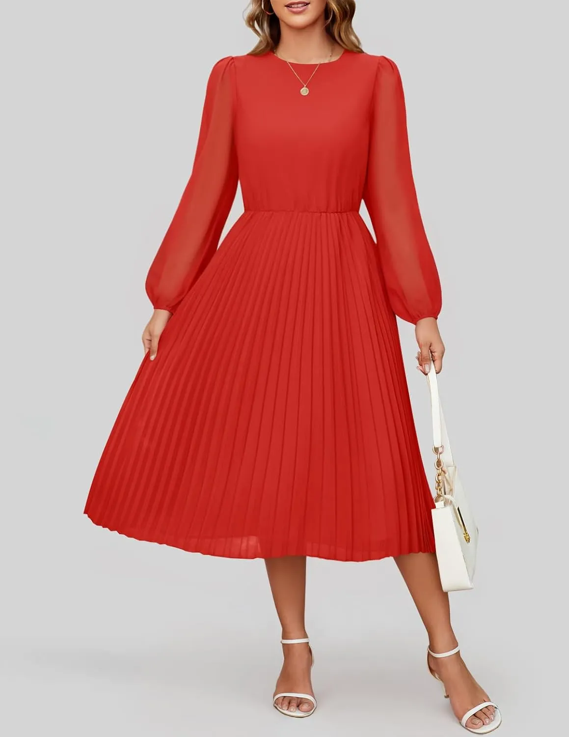 ZESICA Women's Fall Long Sleeve Dresses 2025 Casual Crewneck Chiffon Swing Pleated A Line Cocktail Party Midi Dress