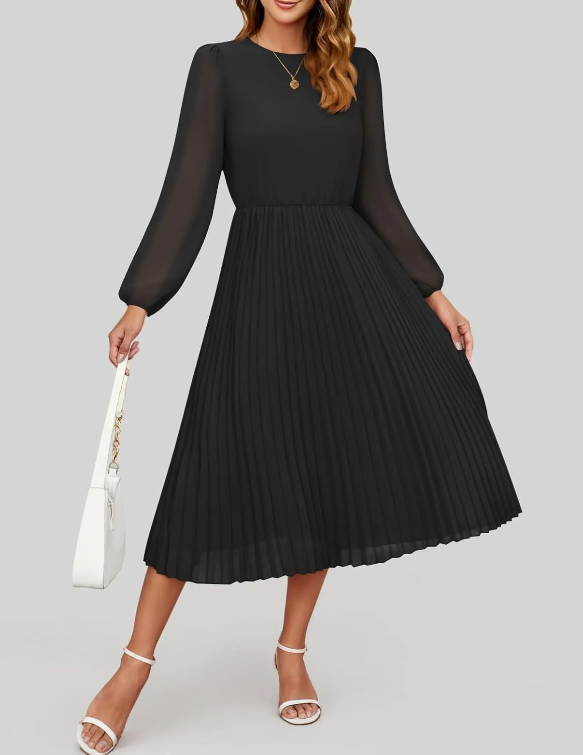ZESICA Women's Fall Long Sleeve Dresses 2025 Casual Crewneck Chiffon Swing Pleated A Line Cocktail Party Midi Dress