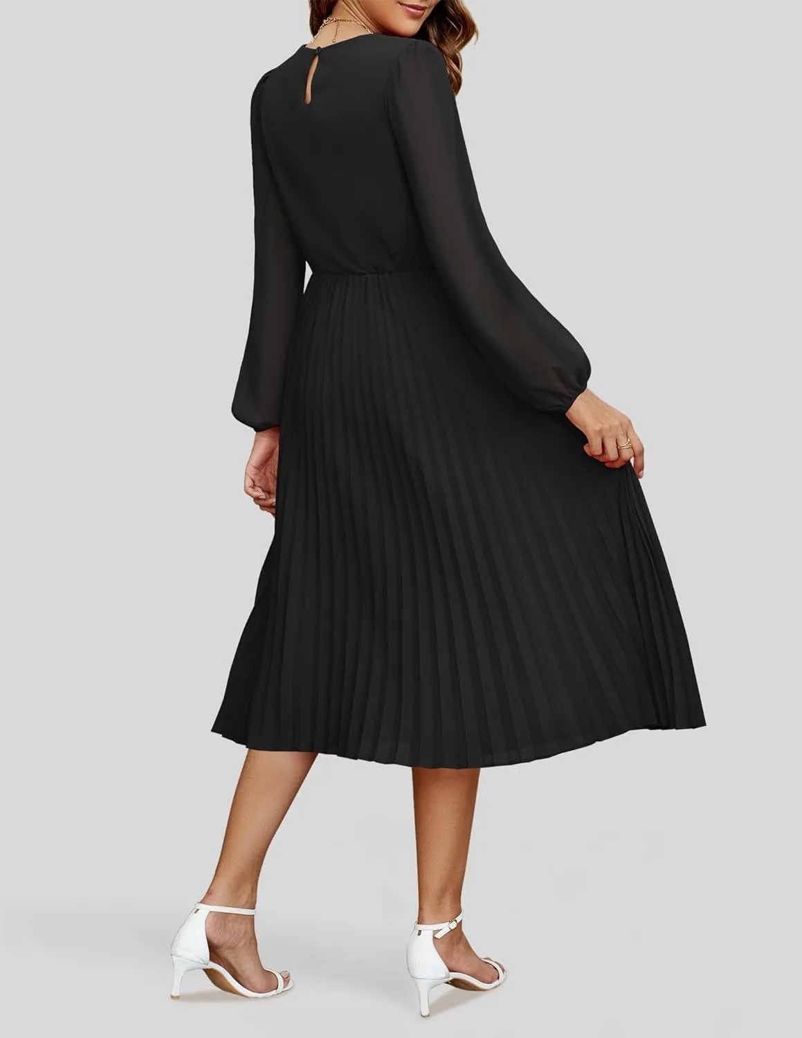 ZESICA Women's Fall Long Sleeve Dresses 2025 Casual Crewneck Chiffon Swing Pleated A Line Cocktail Party Midi Dress