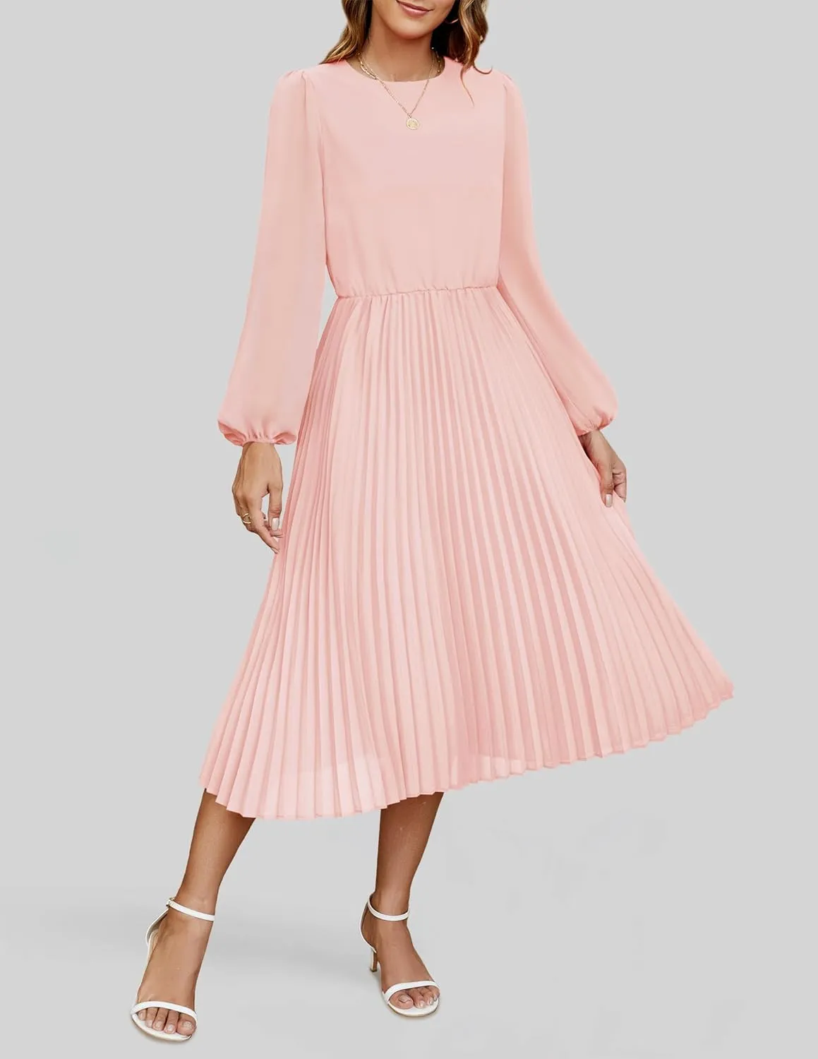 ZESICA Women's Fall Long Sleeve Dresses 2025 Casual Crewneck Chiffon Swing Pleated A Line Cocktail Party Midi Dress