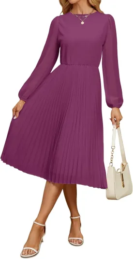 ZESICA Women's Fall Long Sleeve Dresses 2025 Casual Crewneck Chiffon Swing Pleated A Line Cocktail Party Midi Dress