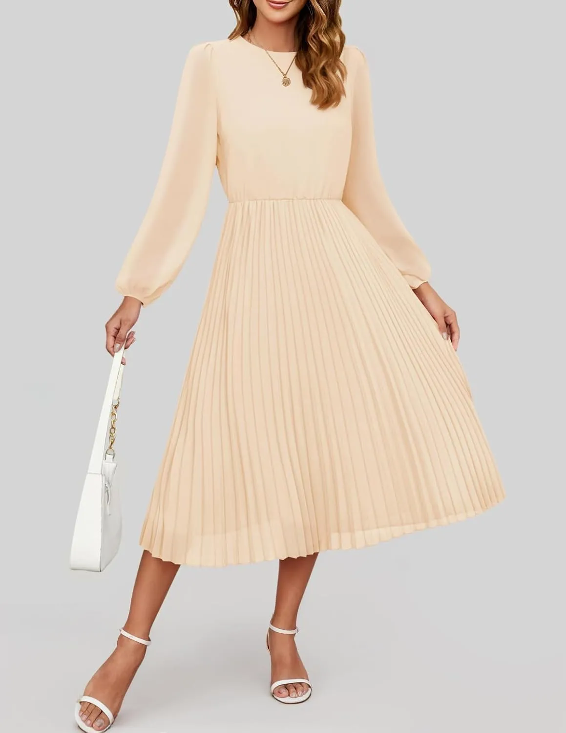 ZESICA Women's Fall Long Sleeve Dresses 2025 Casual Crewneck Chiffon Swing Pleated A Line Cocktail Party Midi Dress